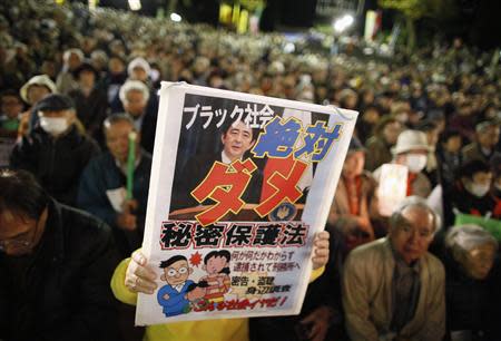 A protester holds a placard with a photo of Japan's Prime Minister Shinzo Abe, during a rally against the government's planned secrecy law in Tokyo November 21, 2013. REUTERS/Issei Kato