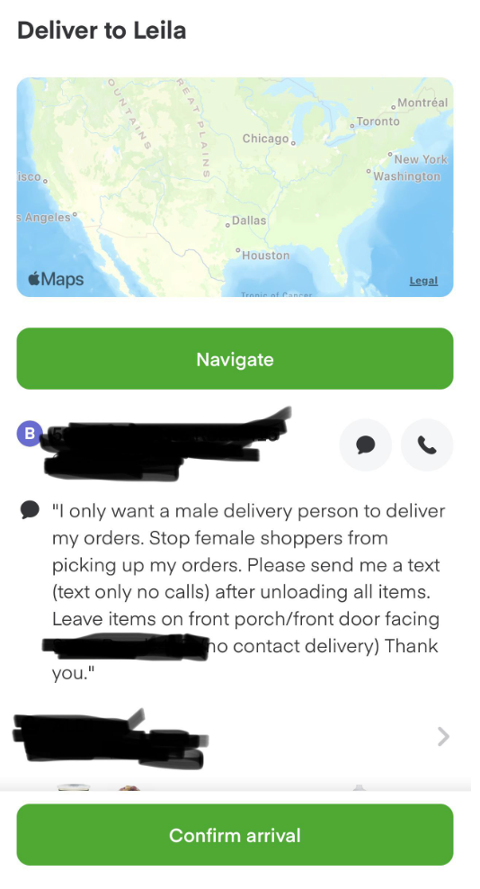 "I only ant a male delivery person to deliver my orders"