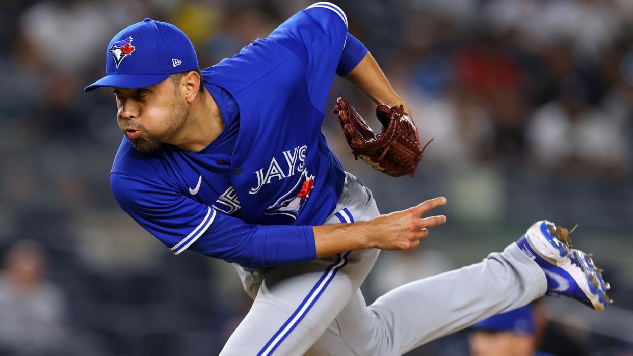 NEW YORK, NY - SEPTEMBER 07: Joakim Soria #28 of the Toronto Blue Jays in action during a game against the New York Yankees at Yankee Stadium on September 7, 2021 in New York City. (Photo by Rich Schultz/Getty Images)