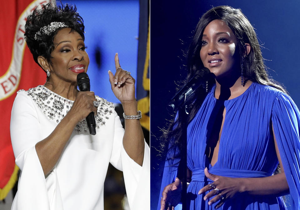 Gladys Knight sings the national anthem before the NFL Super Bowl 53 football game on Feb. 3, 2019, in Atlanta, left, and Mickey Guyton performs at the 56th annual Academy of Country Music Awards on April 16, 2021, in Nashville, Tenn. Knight and Guyton will perform together onstage at Wednesday's CMT Music Awards show celebrating the year's best country music videos. The event will air at 8 p.m. Eastern. (AP Photo)