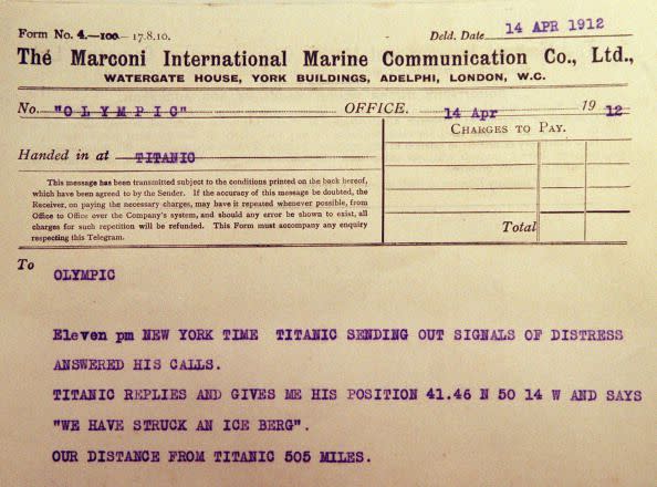 A telegraph message from a ship called Olympic reports that it has received word from the Titanic that it has stuck an iceberg.  The message is one of several similar messages from ships in the vicinity of the Titanic detailing the events leading up to it's sinking which were on display 13 February at Christie's East in New York City and will be auctioned as part of a Maritime auction on 17 February. AFP PHOTO Matt CAMPBELL (Photo credit: MATT CAMPBELL/AFP via Getty Images)