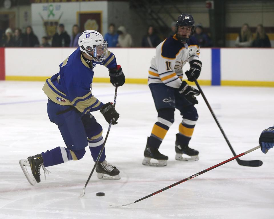 Norwell's Timmy Ward fires a shot on goal during second period action of their game against Cohasset/ Hull at Connell Rink and Pool in Weymouth on Saturday, Jan. 21, 2023. 