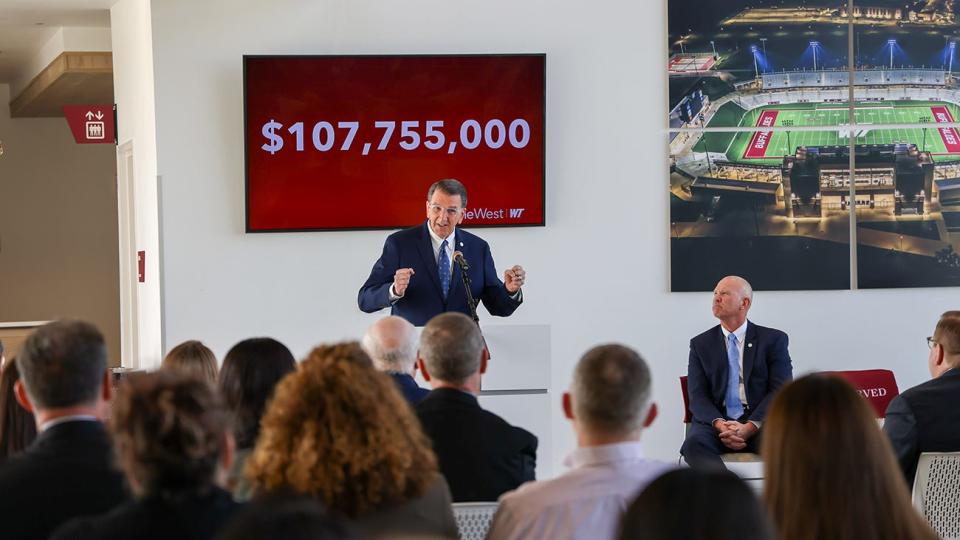 West Texas A&M President Walter V. Wendler speaks at a press conference announcing the One West campaign has raised nearly $108 million just six months after its public launch.