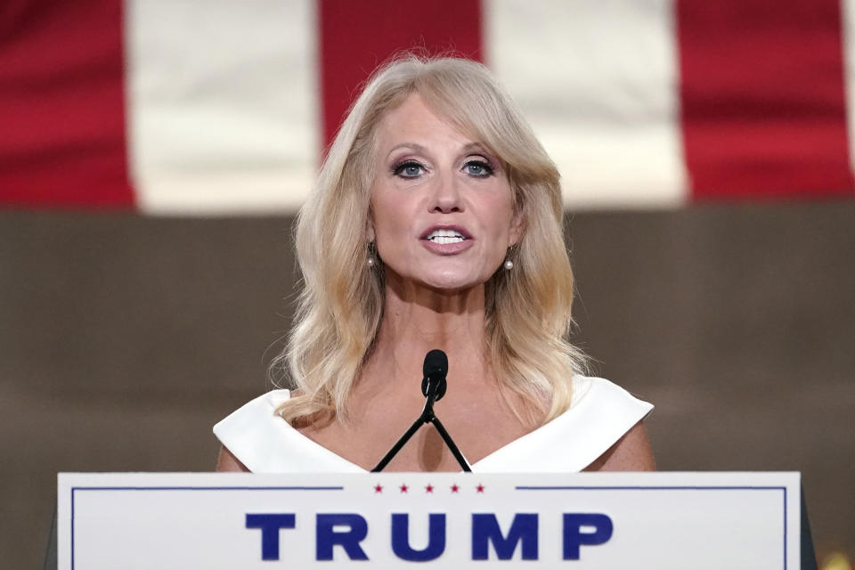 FILE - White House counselor Kellyanne Conway tapes her speech for the third day of the Republican National Convention from the Andrew W. Mellon Auditorium in Washington, Aug. 26, 2020. Republicans hoping to emerge from crowded primaries this year spent tens of thousands of dollars hiring operatives with ties to former President Donald Trump, including Conway, hoping those connections would give them a leg up on landing critical endorsements that would help them win.(AP Photo/Susan Walsh, File)