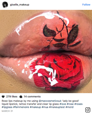 You can wear temporary tattoos as an adult with this fun Instagram eye makeup/ lip art trend. MUAs top the tatts with gloss to elevate the look.