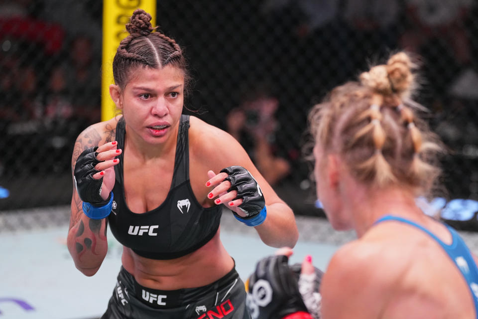 LAS VEGAS, NEVADA – JULY 15: Mayra Bueno Silva of Brazil battles Holly Holm in their women’s bantamweight fight during the UFC Fight Night at UFC APEX on July 15, 2023 in Las Vegas, Nevada. (Photo by Jeff Bottari/Zuffa LLC via Getty Images)