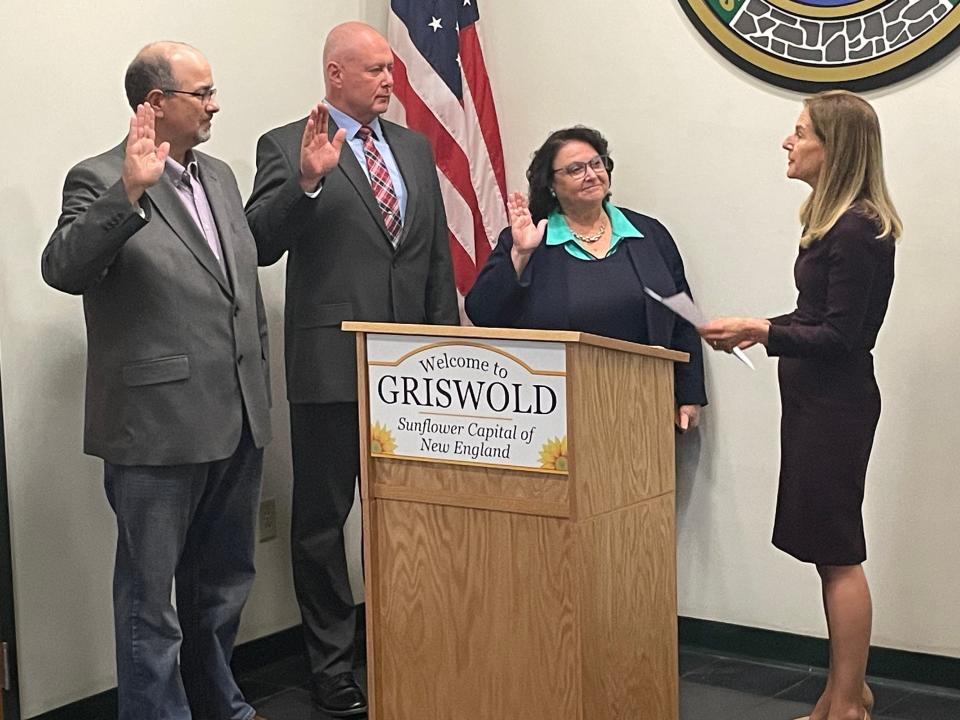 Griswold Board of Finance members Rob Hamel, Scott Davis and Gail Rooke-Norman were sworn in by Lt. Gov. Susan Bysiewicz Tuesday.
