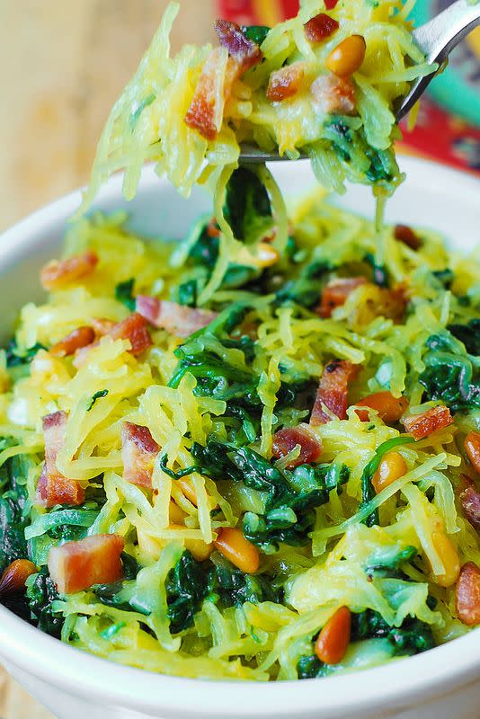 Parmesan Spaghetti Squash, Spinach, and Bacon with Pine Nuts