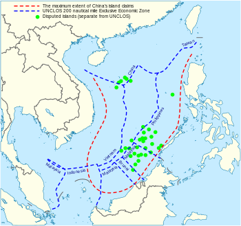 中國政府所宣稱的9斷線，紅線部分。   圖 : 翻攝自維基百科