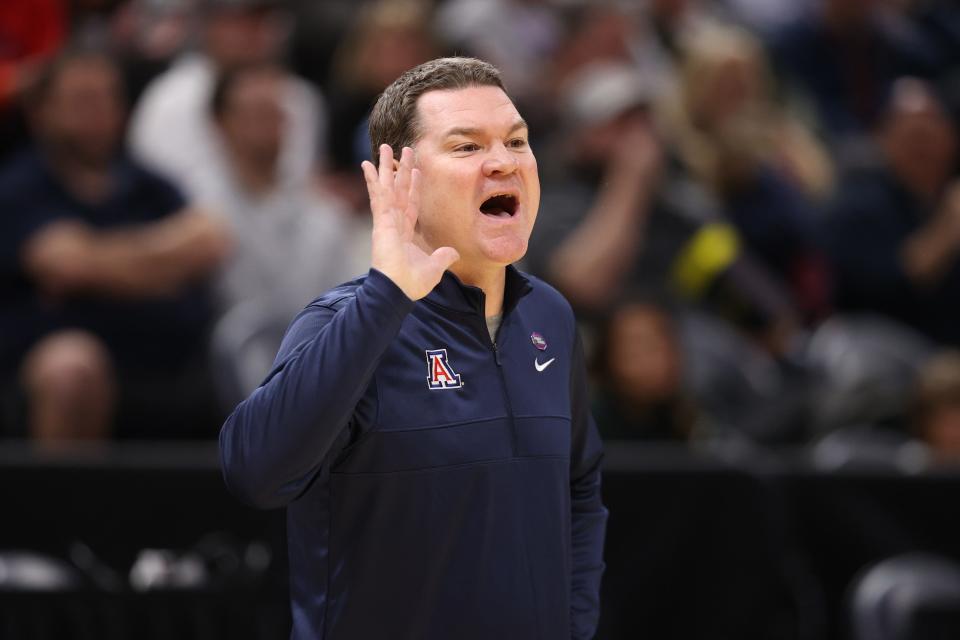Head coach Tommy Lloyd of the Arizona Wildcats reacts during the first half against the Dayton Flyers in the second round of the NCAA Men's Basketball Tournament at Delta Center on March 23, 2024 in Salt Lake City.