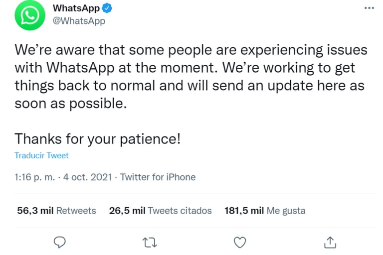 Desde la empresa de WhatsApp se volcaron a Twitter para hacer mención a la caída