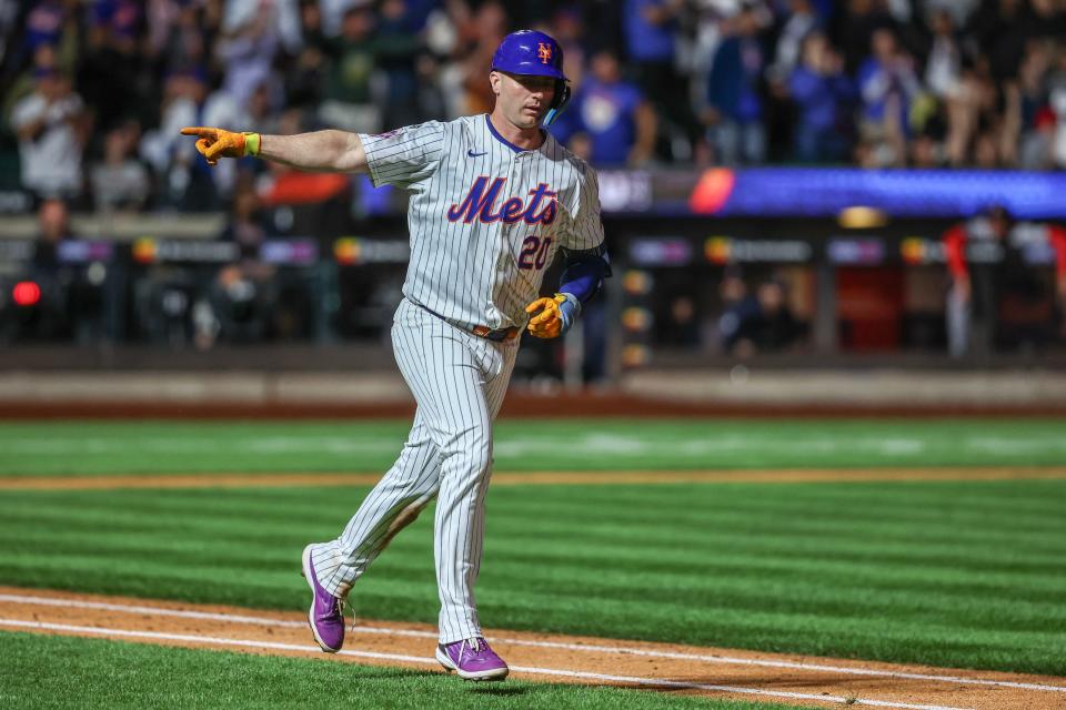 Sep 3, 2024; New York City, New York, USA; New York Mets first baseman Pete Alonso (20) hits a two-run home run in the eighth inning against the Boston Red Sox at Citi Field. Mandatory Credit: Wendell Cruz-Imagn Images