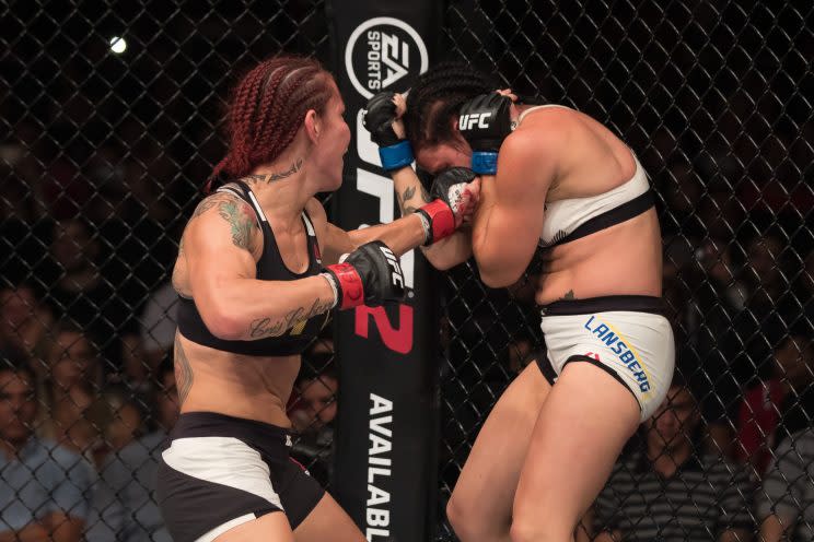 Cris “Cyborg” Justino (L), putting the finishing touches on Lina Lansberg, will surrender her Invicta FC belt and pursue the UFC title. (Getty Images)