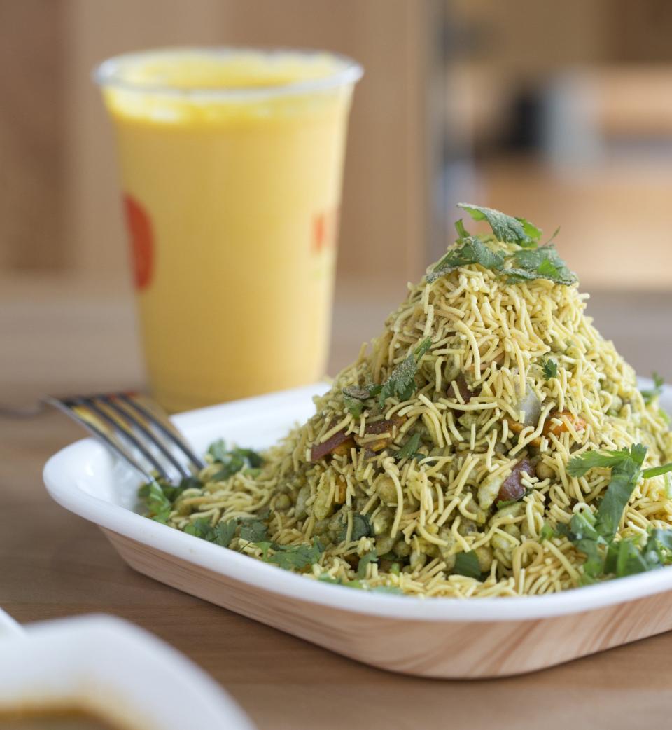 The special bhel puri with a mango lassi at Neehee's.