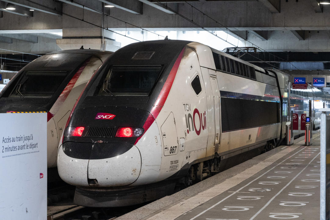 A TGV INOUI train on the platform of Montparnasse station after sabotage of the TGV lines in Paris, France, on July 26, 2024. Malicious acts cause traffic interruptions and major TGV delays throughout France. (Photo by Riccardo Milani / Hans Lucas / Hans Lucas via AFP) (Photo by RICCARDO MILANI/Hans Lucas/AFP via Getty Images)