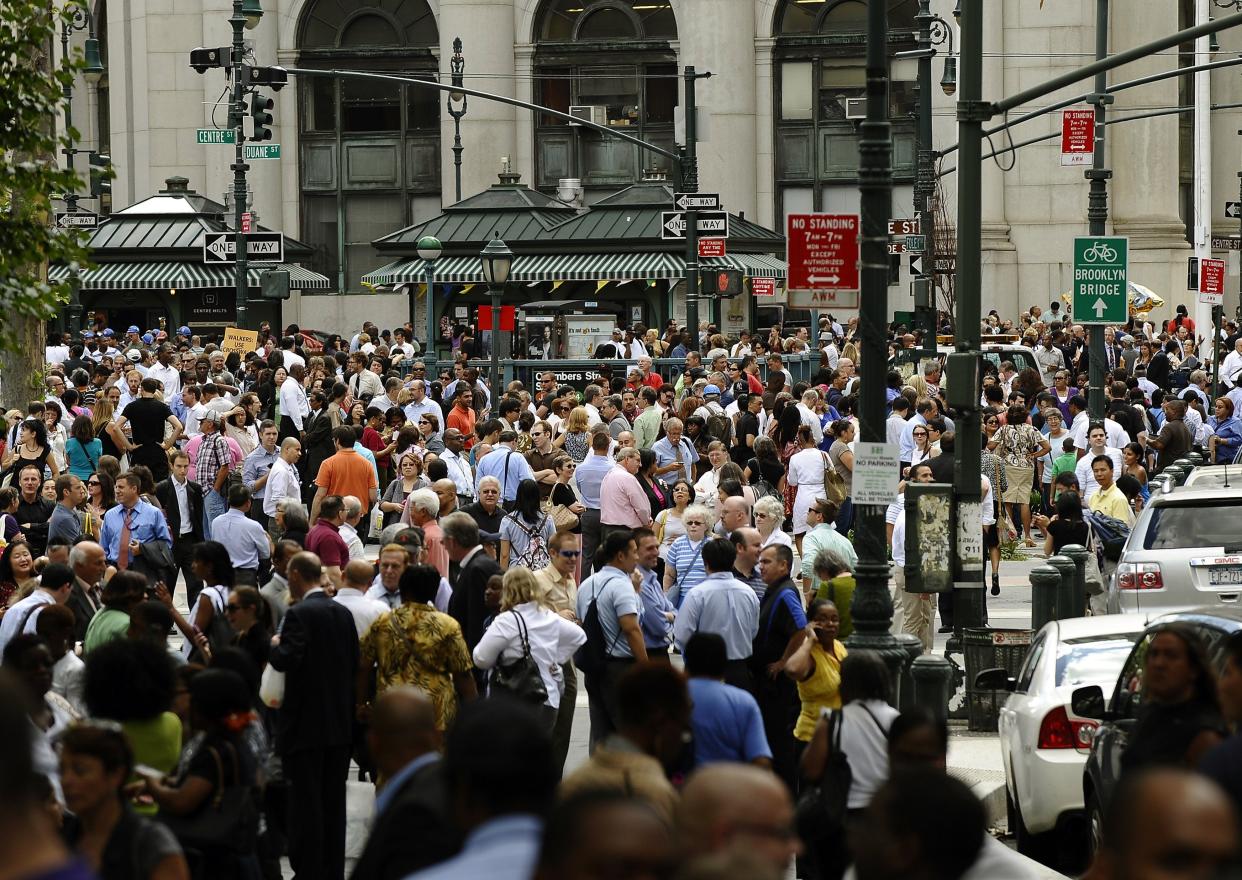 People evacuate after an earthquake in New York City in 2011
