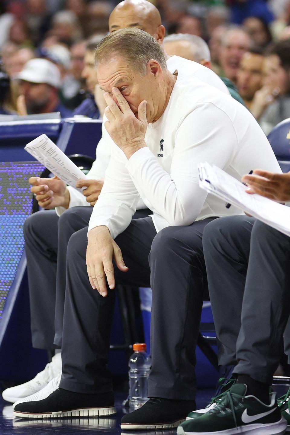 Michigan State coach Tom Izzo reacts against Notre Dame during the first half on Wednesday, Nov. 30, 2022, in South Bend, Indiana.