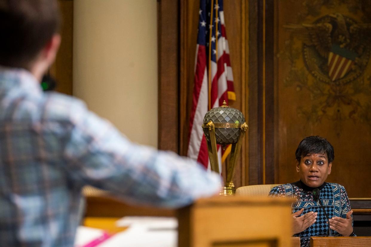 Monroe County Clerk Nicole Browne asks questions during an Election Board meeting in May 2023.