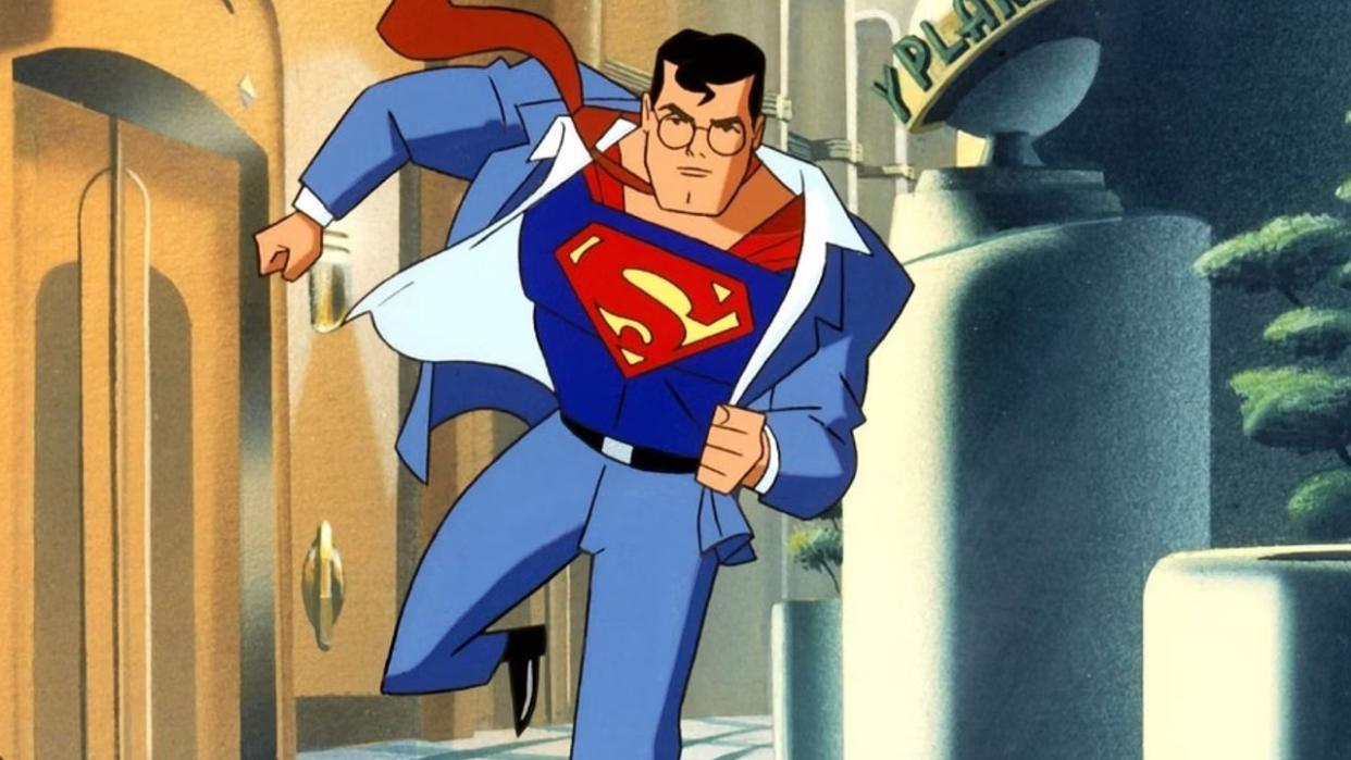  Superman taking off his clothes to save the day in Superman TAS. 