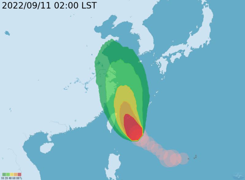 ▲根據梅花的路徑潛勢預測圖，暴風圈侵襲的機率以基隆縣和宜蘭縣最高，達到44％。台北市也有41％。（圖／中央氣象局）