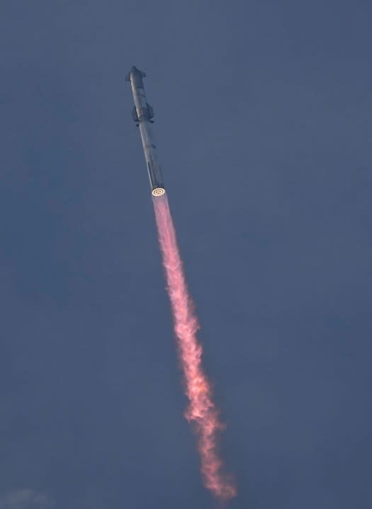 SpaceX's mega rocket Starship launches for it's third test flight from Starbase in Boca Chica, Texas, Thursday, March 14, 2024. (AP Photo/Eric Gay)