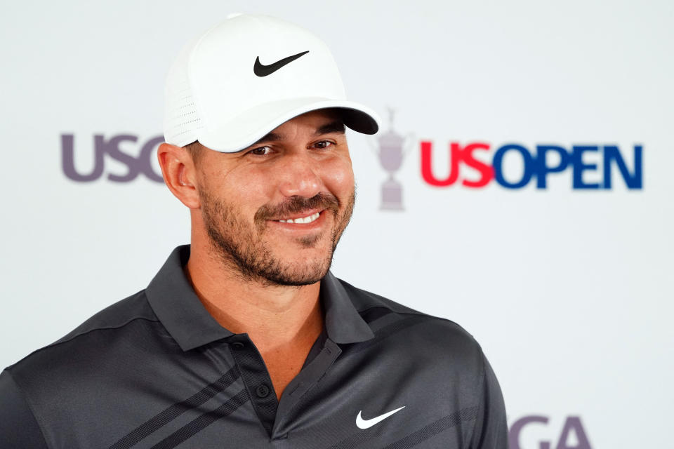Jun 14, 2022; Brookline, Massachusetts, USA; Brooks Koepka addresses the media during a press conference for the U.S. Open golf tournament at The Country Club. Mandatory Credit: John David Mercer-USA TODAY Sports