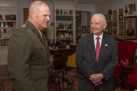 Commandant of the U.S. Marine Corps Gen. Robert B. Neller with Ross Perot as he visits Perot to make him an honorary Marine for his long-time support of the Marine Corps. at Perot Headquarters Dallas