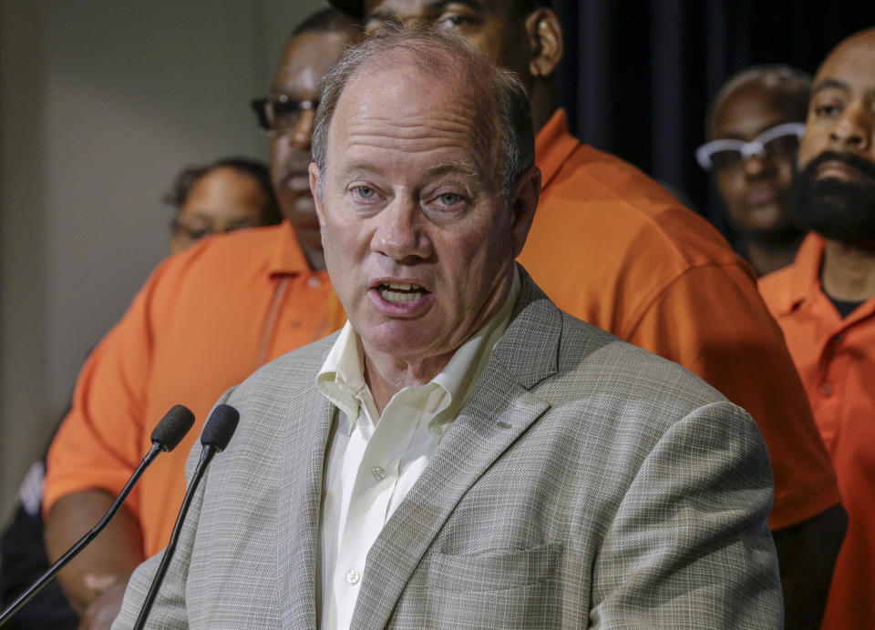 Detroit Mayor Mike Duggan speaks during a press conference, Friday, June 7, 2019, at the Detroit Police Headquarters in Detroit, addressing the police response to a possible serial killer. Investigators believe a "serial murderer and rapist" targeting prostitutes is at large in Detroit. (Kimberly P. Mitchell/Detroit Free Press via AP)