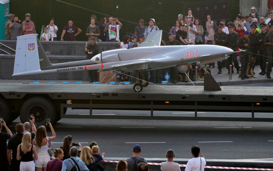 A Bayraktar TB2 during a rehearsal of a military parade dedicated to Independence Day in Kyiv, in August 2021 - AP