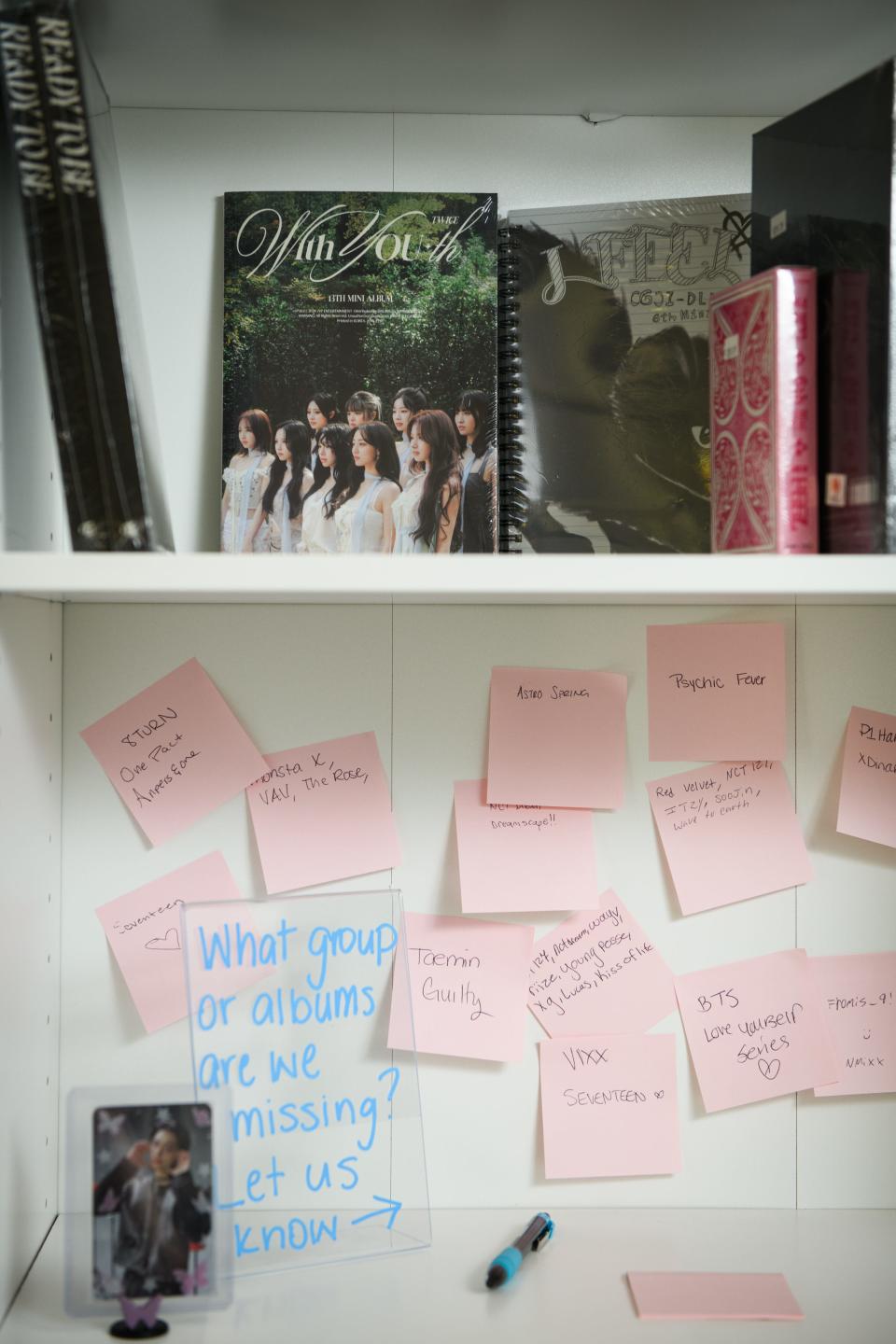 Customers leave post-it notes on which albums Sori K-Pop Shop should get in stock.