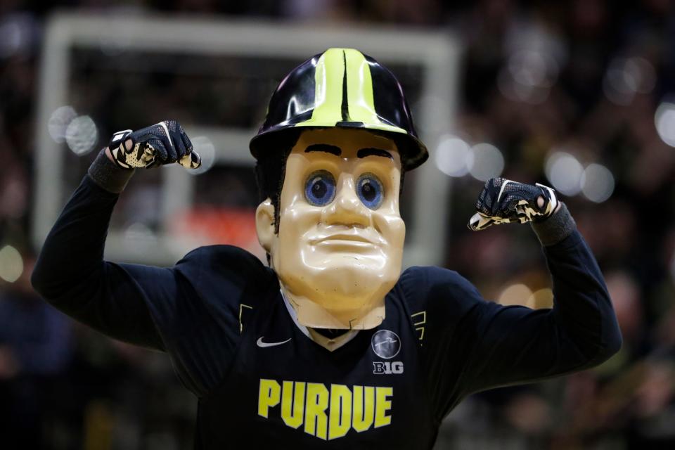 Purdue Pete, the Purdue mascot, on the court during the first half of an NCAA college basketball game between Purdue and Wisconsin in West Lafayette, Ind., Friday, Jan. 24, 2020. (AP Photo/Michael Conroy)