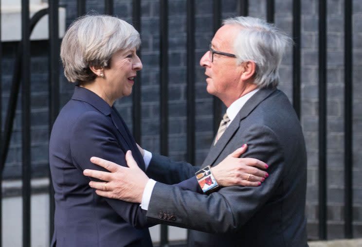 Theresa May meets with Jean Claude Juncker for Brexit talks at Downing Street in April (Mark Thomas/REX/Shutterstock)