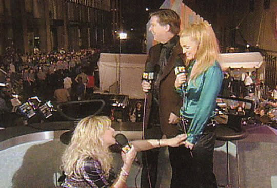<p>The most exciting moment of the ’95 VMAs actually took place offstage, once the show was over, when loose-cannon rock widow Courtney Love hijacked VJ Kurt Loder’s perfectly civilized interview with elder stateswoman Madonna. (Courtney got Loder’s attention by tossing her powder compact into the press pit.) A lesser pop star may have been intimidated by Courtney’s crazy antics. But Courtney was no match for Madge, who in a refreshing change of pace came across as classy and totally non-controversial, smiling benignly while Courtney struggled to remain upright and babbled about Michael Stipe and Birkenstocks. This was live television at its finest. (Source: Yahoo Music) </p>