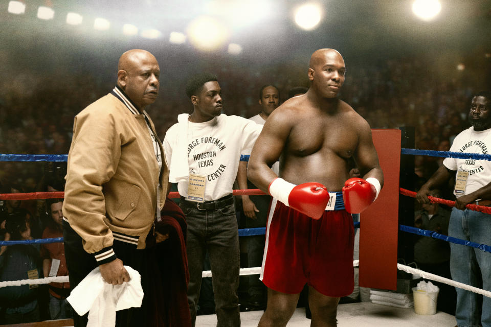 This image released by Sony Pictures shows Forest Whitaker, left, and Khris Davis, right, in a scene from "Big George Foreman: The Miraculous Story of the Once and Future Heavyweight Champion of the World." (Alan Markfield/Sony Pictures via AP)