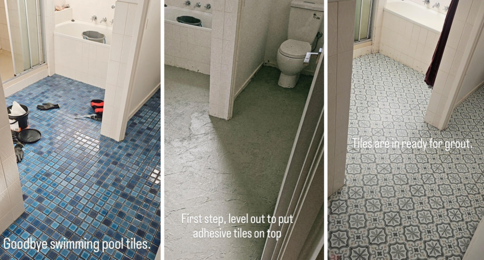 The home renovator applied leveling adhesive to her existing flooring, followed by Kmart tiles, and finished with grouting for a polished result. Photo: Facebook/Kmart Decor & Hacks