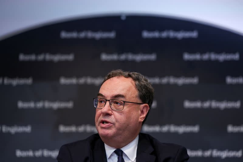 Governor of the Bank of England Andrew Bailey holds a press conference in London