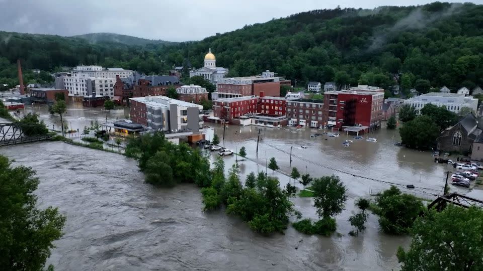 Floodwater surround buildings in downtown Montpelier, Vermont, on Tuesday. - Brandon Clement/LSM