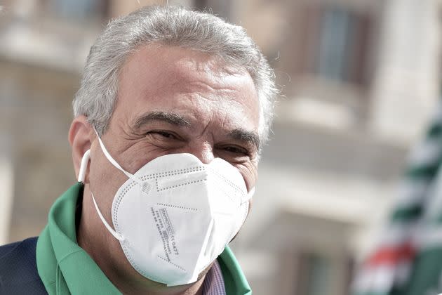 ROME, ITALY - MAY 28: The General Secretary of CISL  trade union Luigi Sbarra during a demonstration calling for an extension to the redundancy freeze outside Montecitorio Palace on May 28, 2021 in Rome, Italy. The CGIL, CISL and UIL trade unions are calling for the government to extend the freeze on redundancies until al least October 31, as well as demanding commitments to health and safety in the workplace, the safeguarding of employment levels, new industrial policies and social security reform. (Photo by Simona Granati - Corbis/Corbis via Getty Images) (Photo: Simona Granati - Corbis via Getty Images)