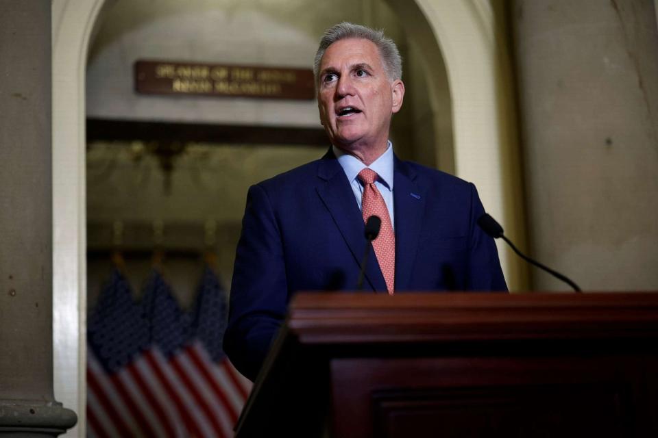 PHOTO: Speaker of the House Kevin McCarthy (R-CA) announces an impeachment inquiry against U.S. President Joe Biden to members of the news media outside his office at the U.S. Capitol, Sept. 12, 2023, in Washington. (Chip Somodevilla/Getty Images)