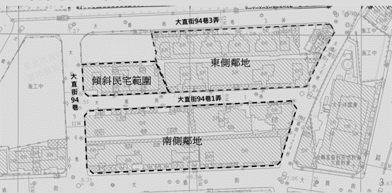 目前包括拆除的25戶，以及東側和南側鄰地都參與大直公辦都更計畫。取自台北市府官網