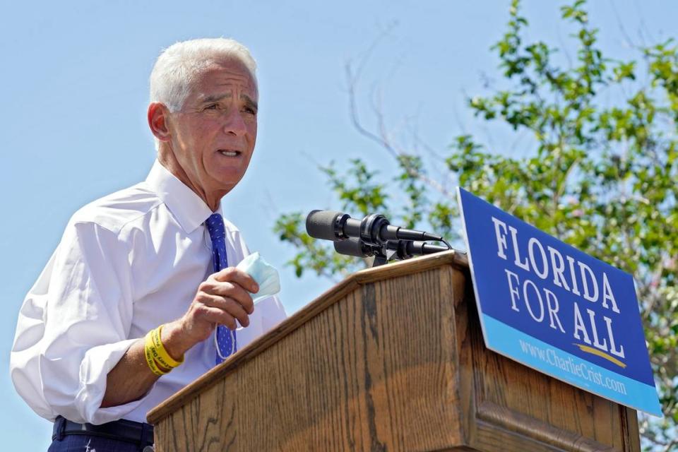 In this May 4, 2021, file photo Rep. Charlie Crist, D-St. Petersburg, gestures during a campaign rally as he announces his run for Florida governor in St. Petersburg, Fla.