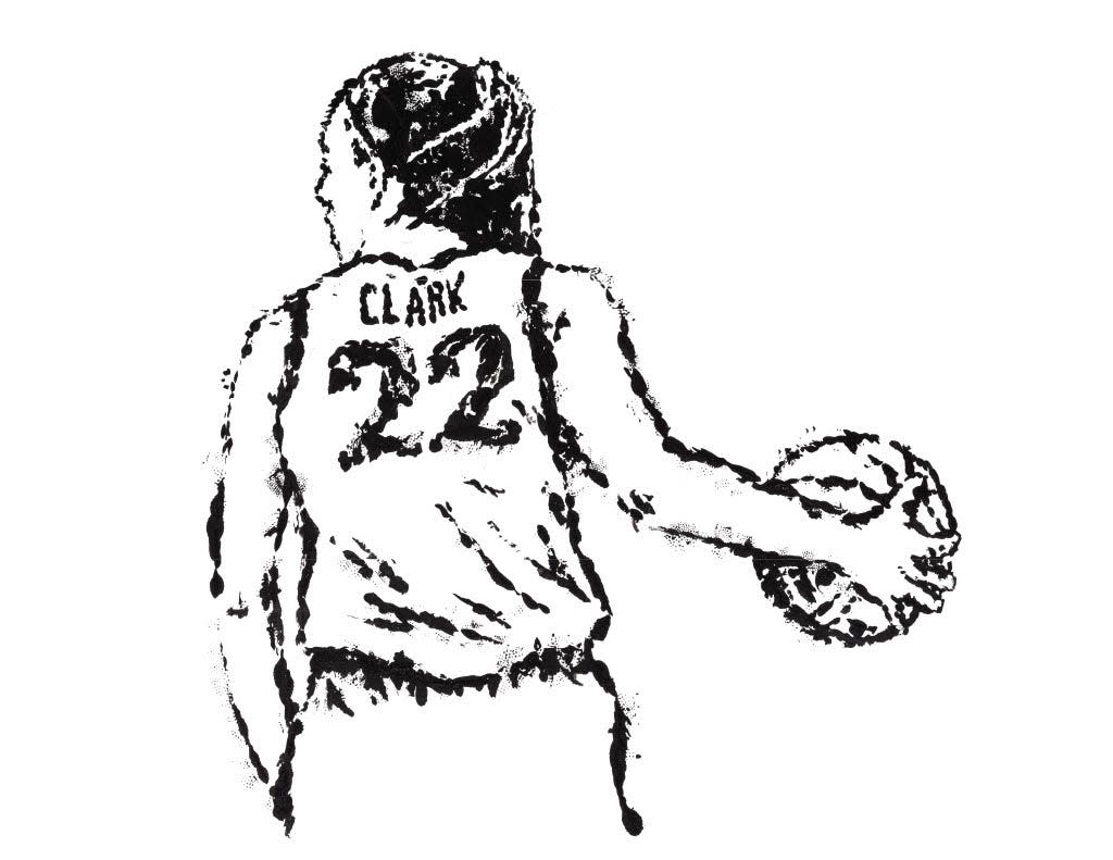 Sam Woj's design of Caitlin Clark, painted with a basketball