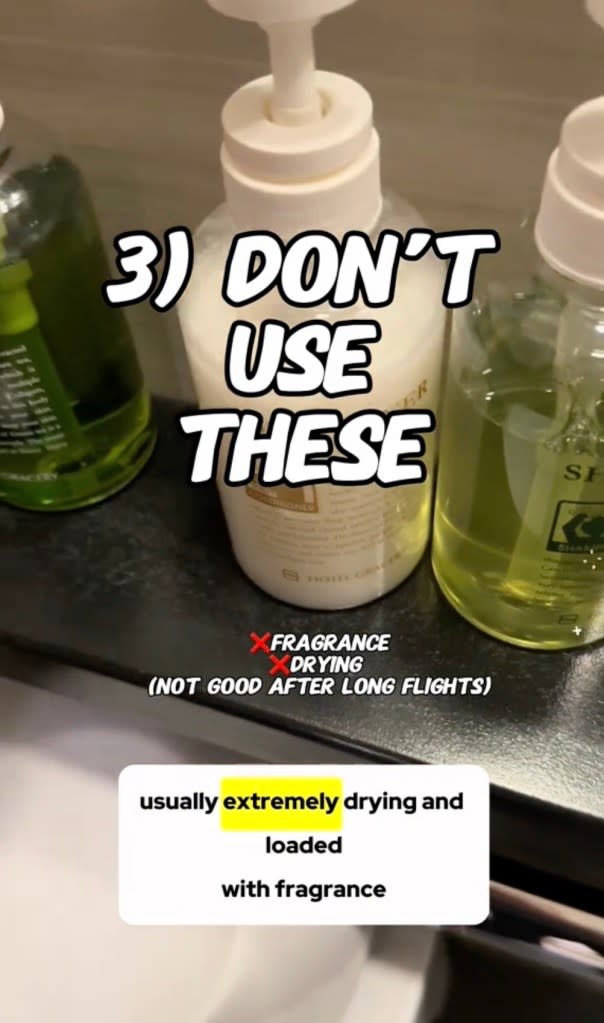 “No. 3 is tempting, but don’t use these hotel products — they’re usually extremely drying and loaded with fragrance,” Puza said as he waved toward the shampoo, conditioner, and body soap lining the hotel sink. TikTok/@drcharlesmd1