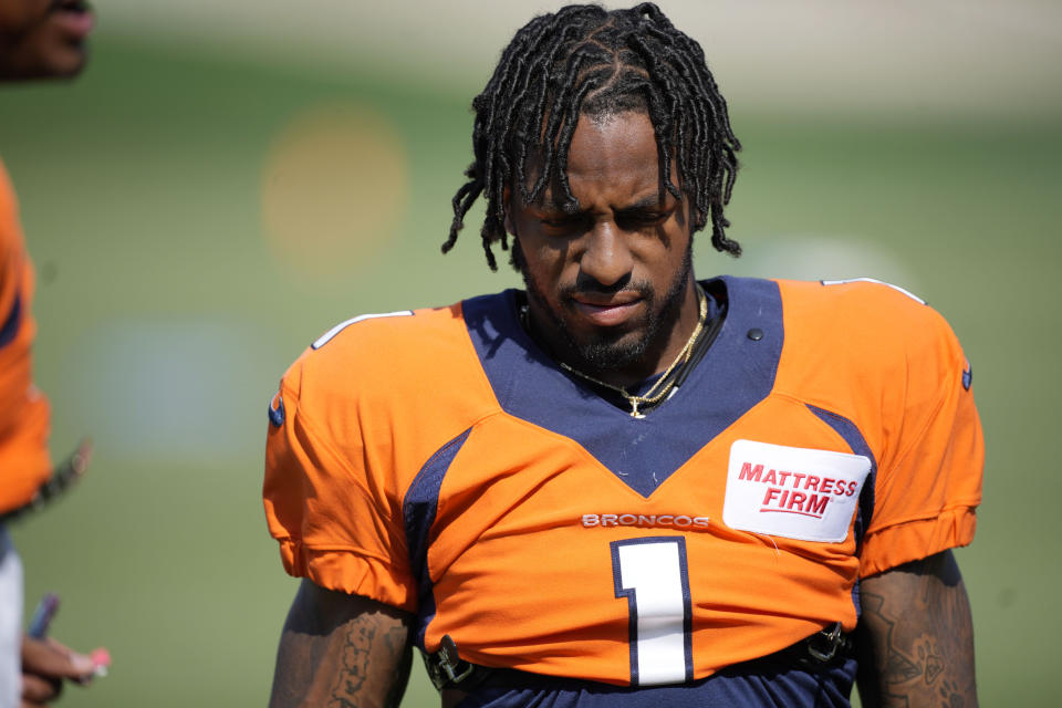 KJ Hamler, wide receiver for the Denver Broncos, takes part in drills during the NFL football team's training camp on Monday, Aug. 1, 2022, at the team's headquarters in Centennial, Colorado (AP Photo/David Zalubowski)