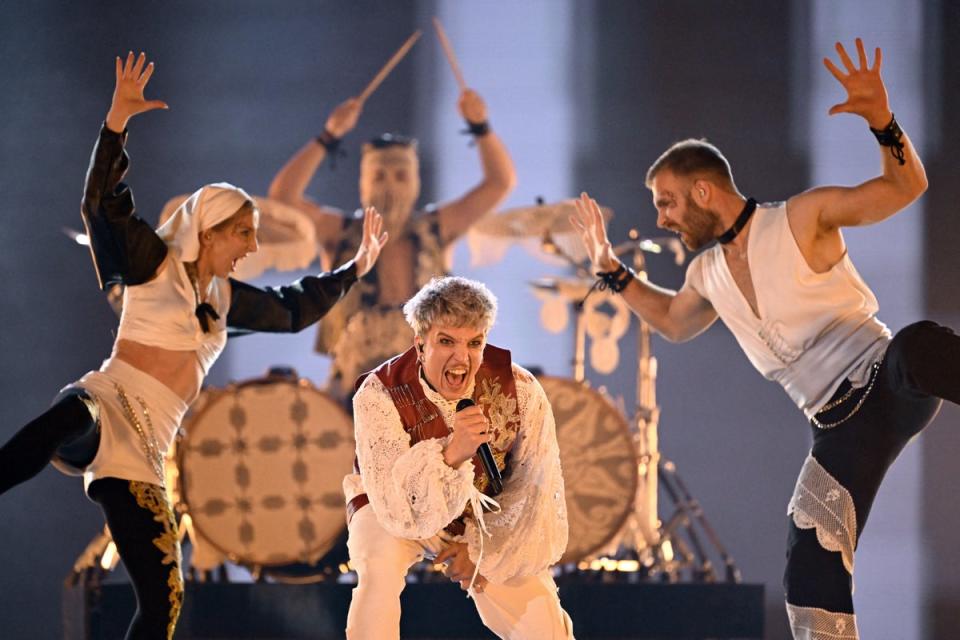 Baby Lasagna in action during the first rehearsal for the semi-finals (TT News Agency/AFP via Getty Ima)