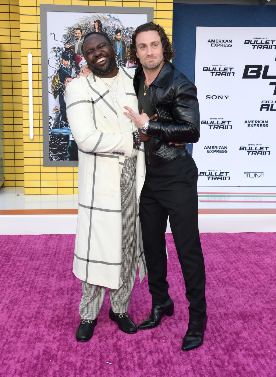 Brian Tyree Henry (left) and Aaron Taylor-Johnson attend the Los Angeles premiere of "Bullet Train" at Regency Village Theatre in Los Angeles.