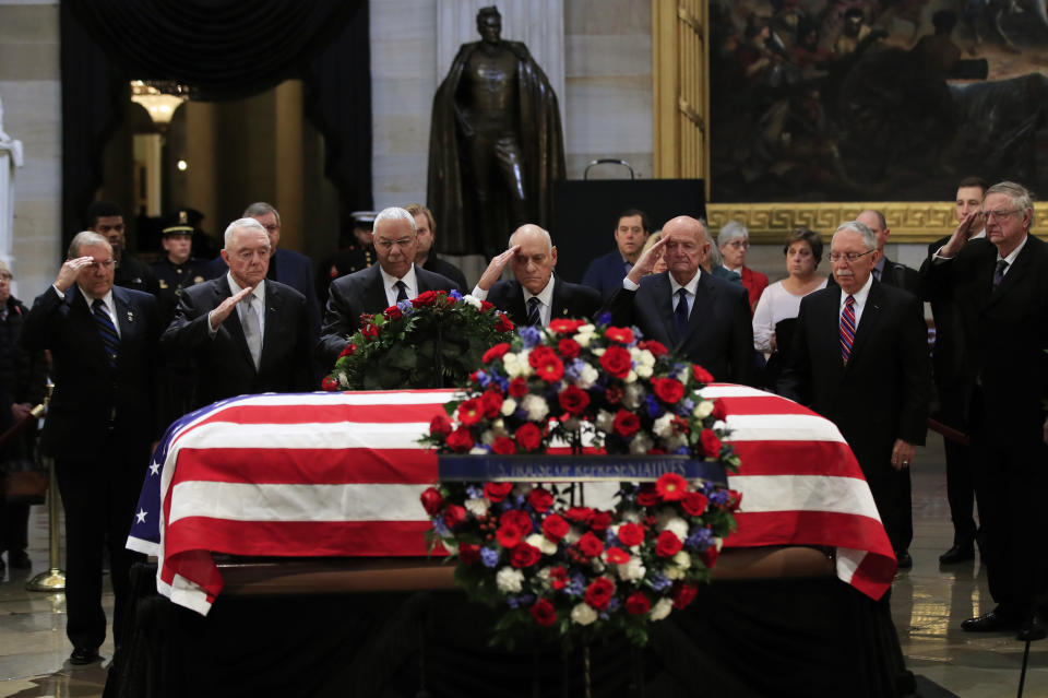 Former Secretary of State Colin Powell, third from left, leads former Operation Desert Storm commanders as they pay their last respects to former President George H.W. Bush as he lies in state at the Capitol in Washington, Tuesday, Dec. 4, 2018. (Photo: Manuel Balce Ceneta/AP)