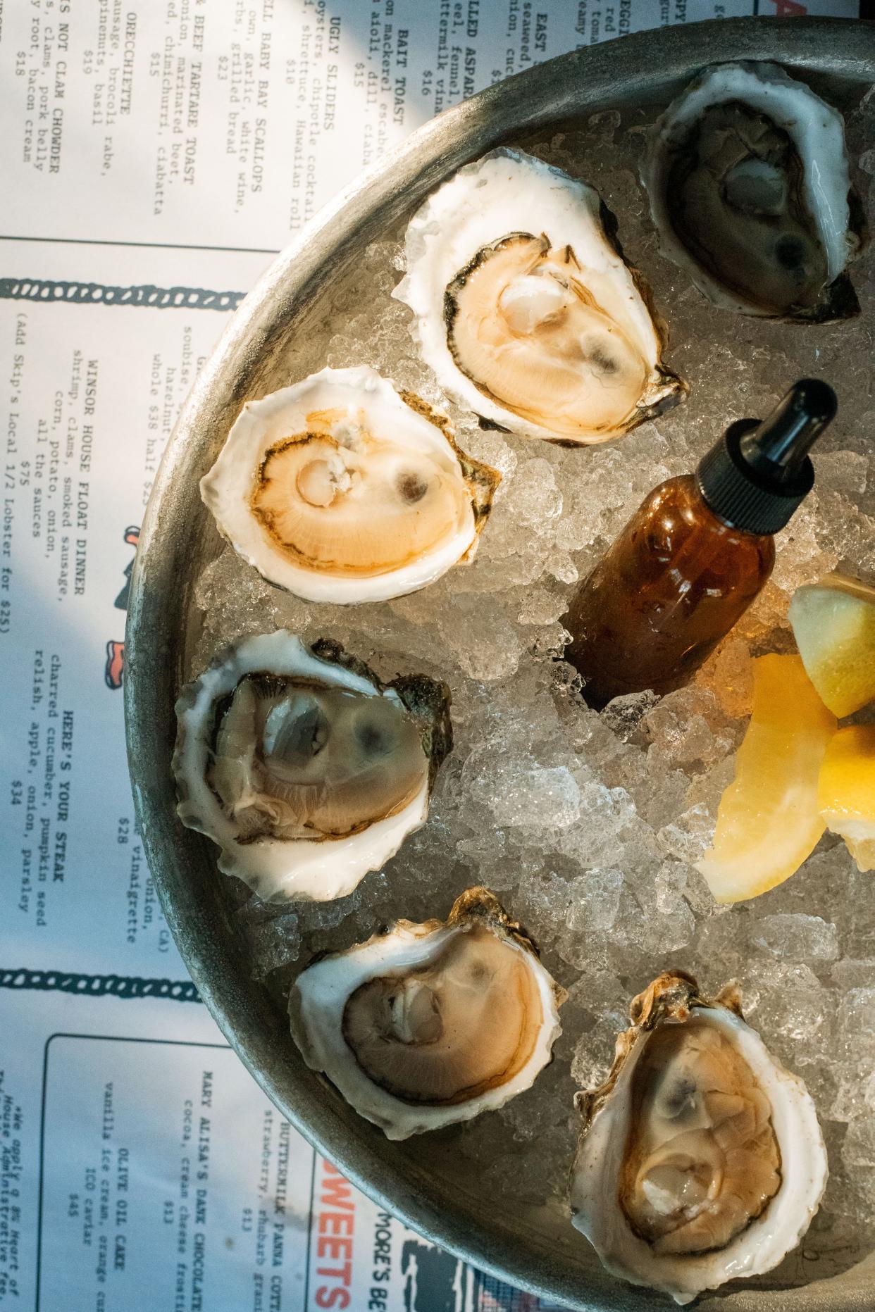 A platter of oysters at the Winsor House in Duxbury.