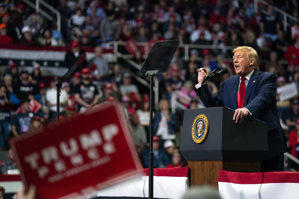 FILE - In this March 2, 2020, file photo President Donald Trump speaks during a campaign rally at Bojangles Coliseum in Charlotte, N.C. For the next seven months, Trump may be consigned to campaigning in a country beset by a fear of job loss, bankruptcy and disease. It will require a remarkable pivot for the president, who has relentlessly cheered the stock market's rise and the economy's strength as the central predicate for a second term. (AP Photo/Evan Vucci, File)