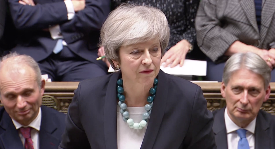  The prime minister delivers the news of the Brexit vote delay in the Commons on Monday. (PA/BBC)
